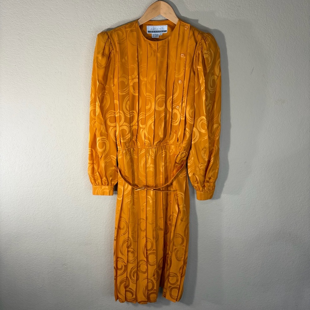 Vintage 80's Argenti Silk Print Dress Size 6 Mustard Yellow
